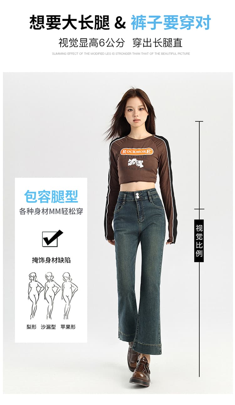 물 말 레트로 9 포인트 부츠컷 청바지 여성 봄 가을 새로운 하이웨이스트 슬림해 보이는 단추 8 점 스트레이트 바지 상세 이미지 3