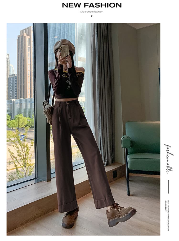 브라운 커피 색상 넓은 다리 청바지 여성 봄 가을 하이웨이스트 플리츠 작은 키 나인 볼륨 측면 루즈핏 스트레이트 할머니 바지 상세 이미지 13