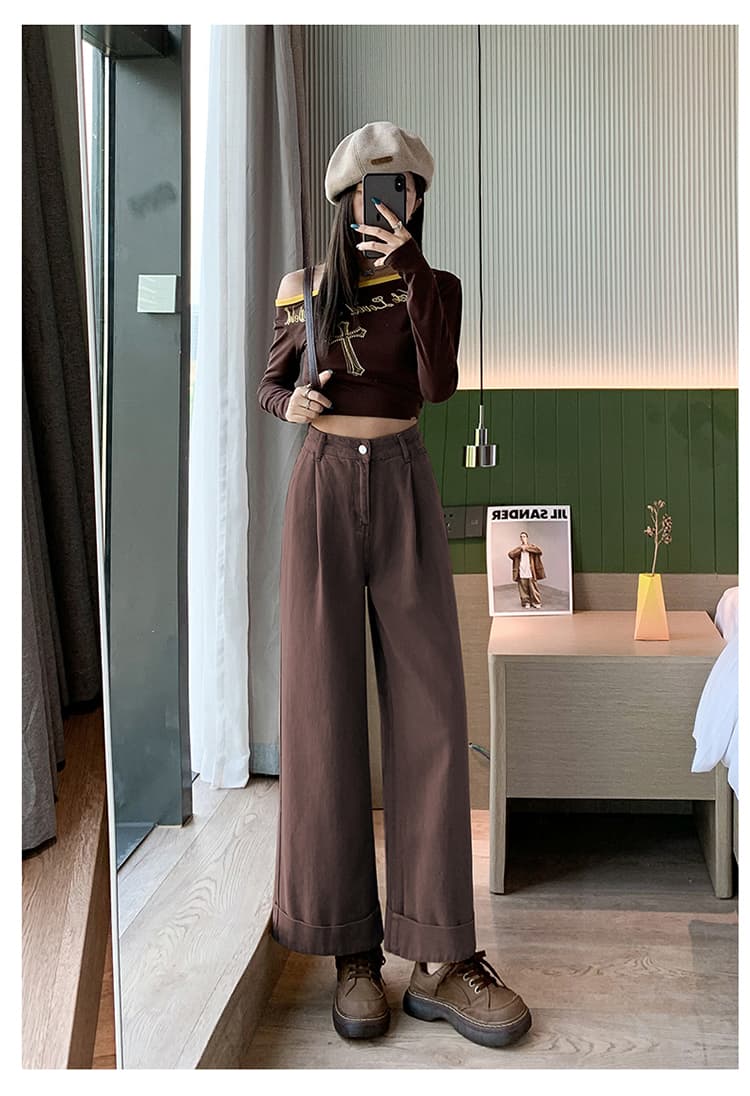 브라운 커피 색상 넓은 다리 청바지 여성 봄 가을 하이웨이스트 플리츠 작은 키 나인 볼륨 측면 루즈핏 스트레이트 할머니 바지 상세 이미지 17