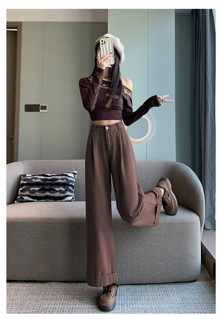 브라운 커피 색상 넓은 다리 청바지 여성 봄 가을 하이웨이스트 플리츠 작은 키 나인 볼륨 측면 루즈핏 스트레이트 할머니 바지 상세 이미지 21