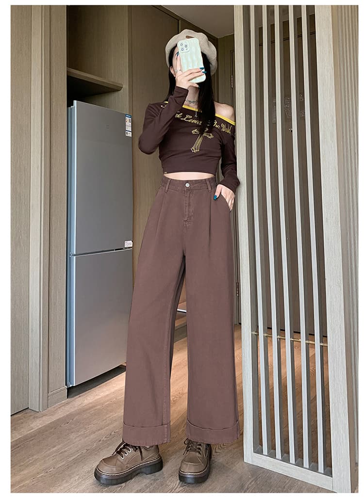브라운 커피 색상 넓은 다리 청바지 여성 봄 가을 하이웨이스트 플리츠 작은 키 나인 볼륨 측면 루즈핏 스트레이트 할머니 바지 상세 이미지 23