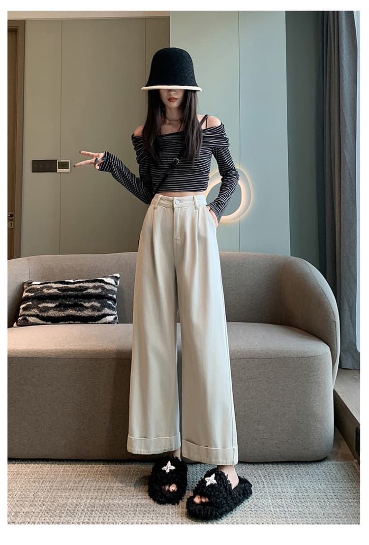 차 화이트 9 포인트 뒤집다 측면 바지 넓은 다리 청바지 봄 다용도 새로운 디자인 센스 루즈핏 넓은 다리 할머니 바지 상세 이미지 19