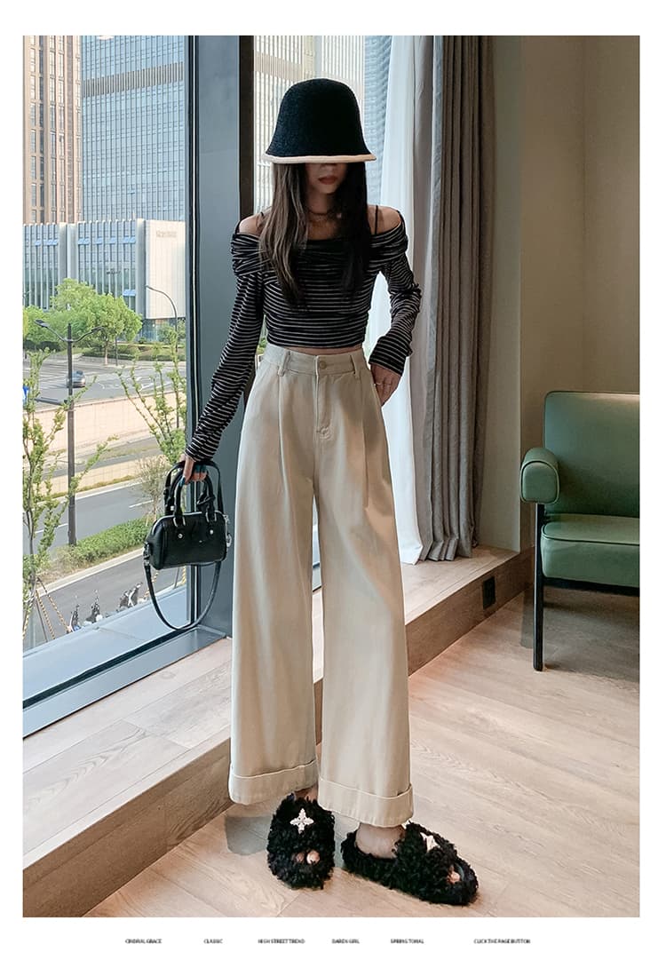 차 화이트 9 포인트 뒤집다 측면 바지 넓은 다리 청바지 봄 다용도 새로운 디자인 센스 루즈핏 넓은 다리 할머니 바지 상세 이미지 21