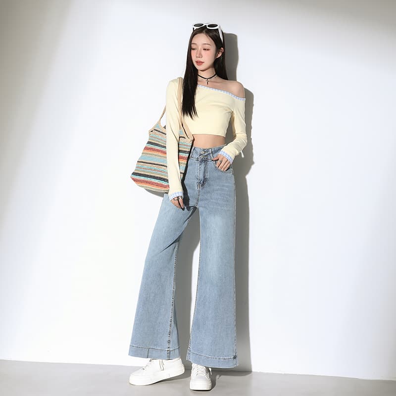 한 부서 허리 수축 밝은색 데님 부츠컷 바지 여성 봄 레트로 도루 센스 루즈핏 아니요 막대기 다리 넓은 다리 나팔 바닥 청소 바지 이미지 2