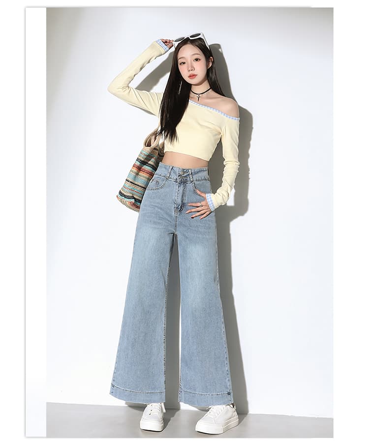 한 부서 허리 수축 밝은색 데님 부츠컷 바지 여성 봄 레트로 도루 센스 루즈핏 아니요 막대기 다리 넓은 다리 나팔 바닥 청소 바지 상세 이미지 8