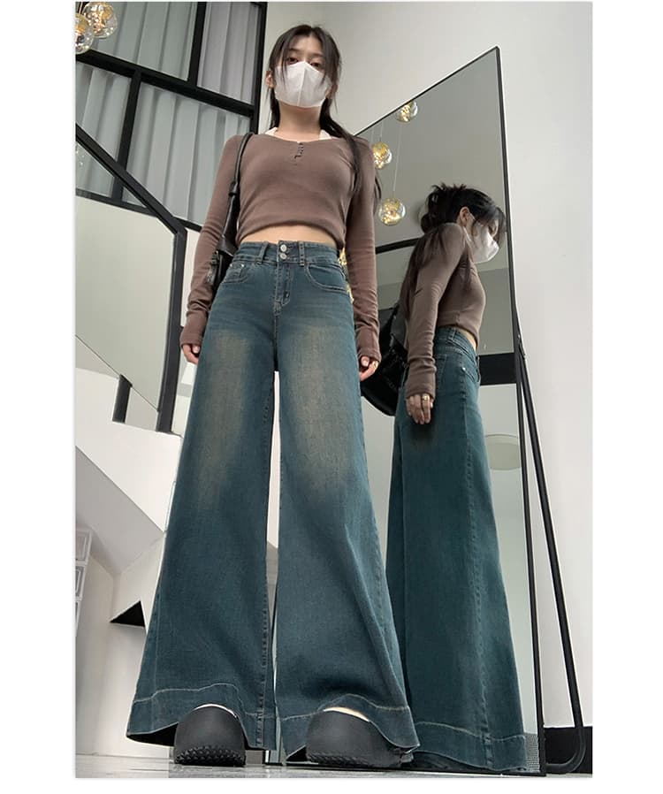 한 부서 허리 수축 밝은색 데님 부츠컷 바지 여성 봄 레트로 도루 센스 루즈핏 아니요 막대기 다리 넓은 다리 나팔 바닥 청소 바지 상세 이미지 27