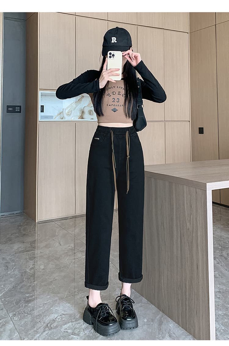 빅 사이즈 지방 mm 허리밴드 레이스업 슬림해 보이는 표지 넓적 다리 청바지 여성 봄 새로운 다용도 표지 고기 캐주얼 하렘 바지 상세 이미지 19