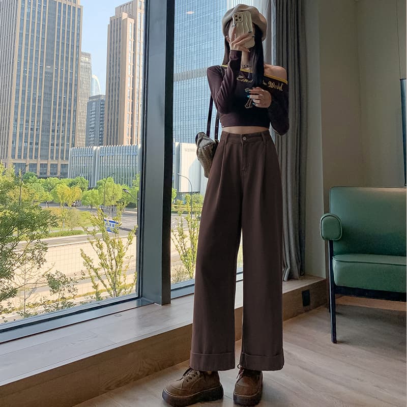 브라운 커피 색상 넓은 다리 청바지 여성 봄 가을 하이웨이스트 플리츠 작은 키 나인 볼륨 측면 루즈핏 스트레이트 할머니 바지 이미지 2