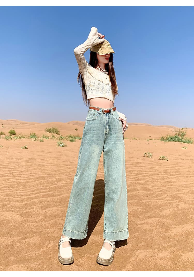 레트로 한 부서 하늘색 워싱 청바지 여성 노스탤지어 블루 패치워크 루즈핏 스트레이트 봄 넓은 다리 9부 바지 상세 이미지 21