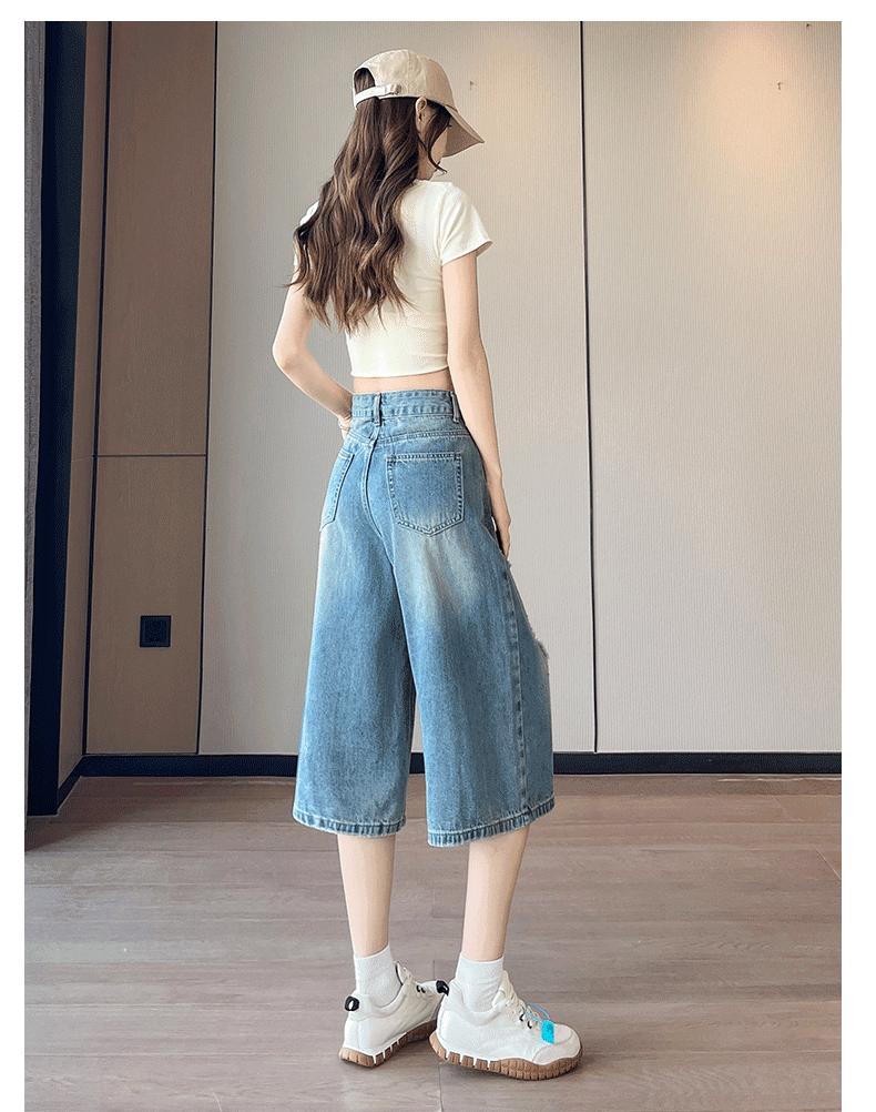 하늘색 페이크 레이어드 방귀 커튼 7 분 청바지 여성 2026 여름 패션 새로운 찢어진 부분 루즈핏 넓은 다리 바지 상세 이미지 19