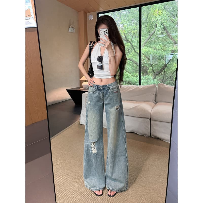 핫걸 로우 웨이스트 찢어진 부분 넓은 다리 청바지 여성 2026 년 여름 얇은 스타일 슬림해 보이는 루즈핏 작은 키 스트레이트 팬츠 여성 이미지 3