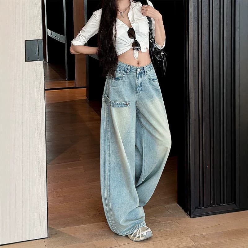 작은 키 아메리칸 워크웨어 넓은 다리 청바지 여성 새로운 하늘색 워싱 기타 주머니 바지 스트레이트 바닥 청소 바지 이미지 5