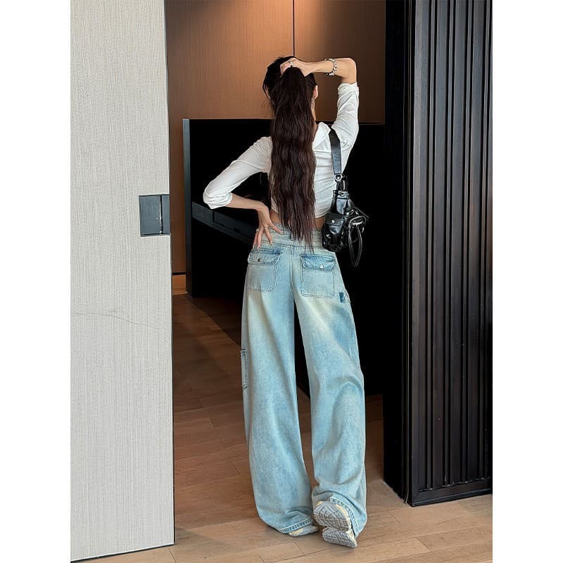 작은 키 아메리칸 워크웨어 넓은 다리 청바지 여성 새로운 하늘색 워싱 기타 주머니 바지 스트레이트 바닥 청소 바지 상세 이미지 3