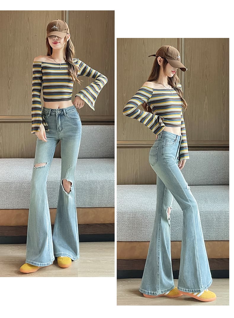 아메리칸 핫걸 대 찢어진 부분 마이크로 나팔 청바지 여성 2026 여름 얇은 스타일 몸매 가꾸기 하늘색 리프트 엉덩이 호스 슈 긴 바지 상세 이미지 16