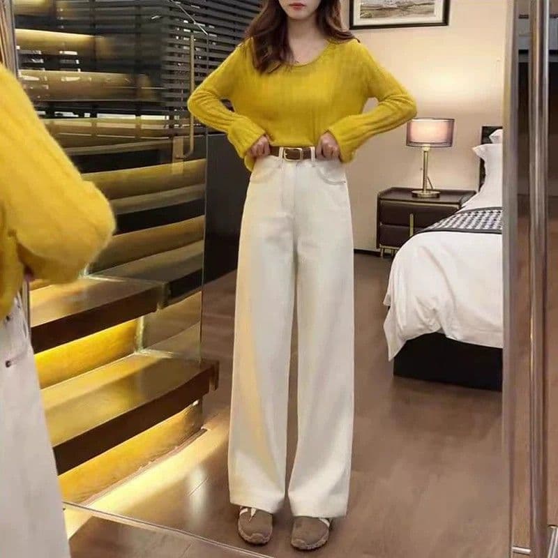 작은 키 베이지 색 청바지 여성 2026 새로운 봄 가을 하이웨이스트 스트레이트 와이드 레그 팬츠 150cm 좁은 에디션 이미지 4
