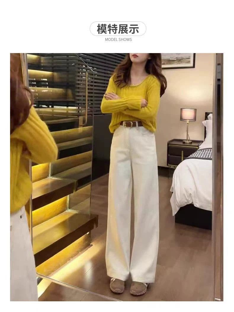 작은 키 베이지 색 청바지 여성 2026 새로운 봄 가을 하이웨이스트 스트레이트 와이드 레그 팬츠 150cm 좁은 에디션 상세 이미지 8