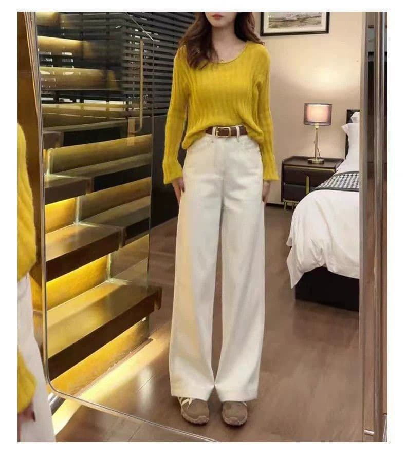 작은 키 베이지 색 청바지 여성 2026 새로운 봄 가을 하이웨이스트 스트레이트 와이드 레그 팬츠 150cm 좁은 에디션 상세 이미지 9