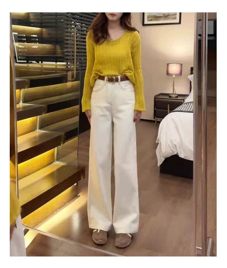 작은 키 베이지 색 청바지 여성 2026 새로운 봄 가을 하이웨이스트 스트레이트 와이드 레그 팬츠 150cm 좁은 에디션 상세 이미지 11