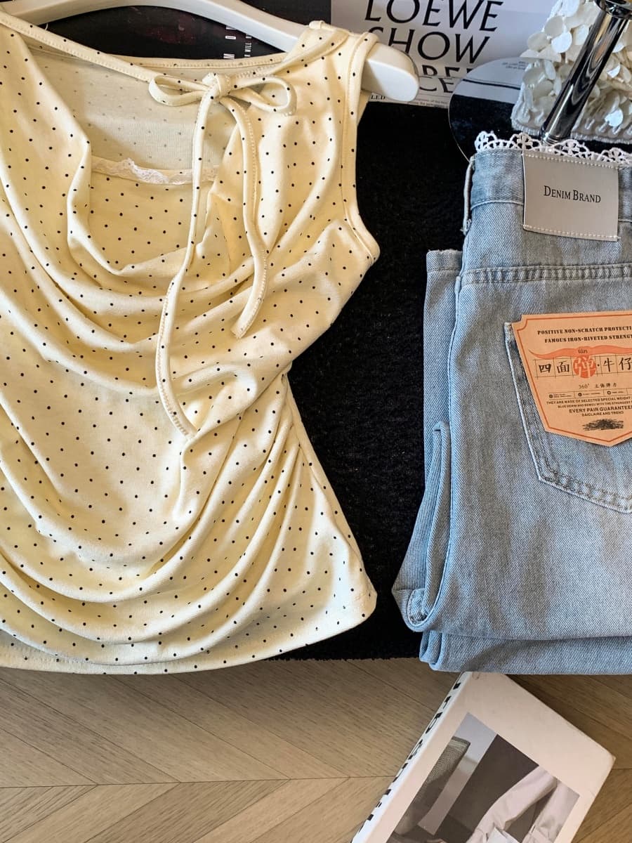 페이크 레이어드 도트 무늬 흔들다 칼라 조끼 니트 스웨터 여성 여름 도파민 작은 대중 Chic 레이스업 민소매 꼬집기 허리 위로 의류 상세 이미지 13