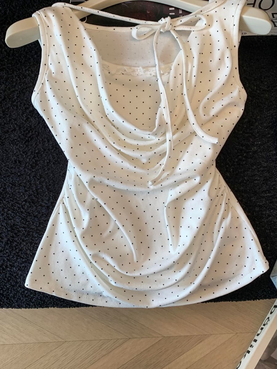 페이크 레이어드 도트 무늬 흔들다 칼라 조끼 니트 스웨터 여성 여름 도파민 작은 대중 Chic 레이스업 민소매 꼬집기 허리 위로 의류 상세 이미지 20