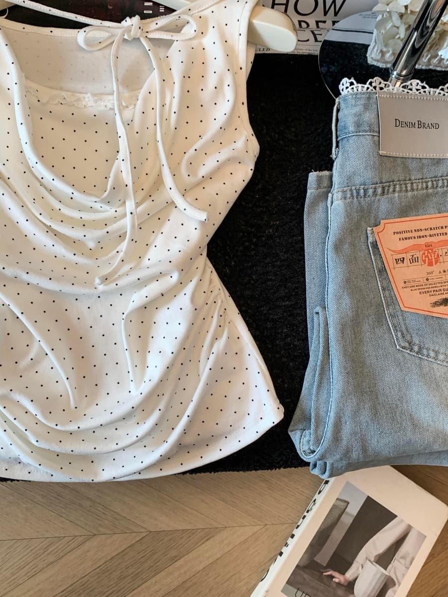 페이크 레이어드 도트 무늬 흔들다 칼라 조끼 니트 스웨터 여성 여름 도파민 작은 대중 Chic 레이스업 민소매 꼬집기 허리 위로 의류 상세 이미지 21