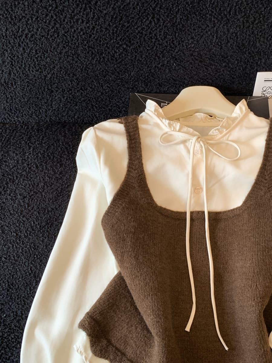 목이버섯 레이스 레이스 업 셔츠 코디 작은 조끼 여자 이른 가을 열세 개 학원 스타일 착용 가져 가라. 연령 감소 한 첨부 된 의류 상세 이미지 13