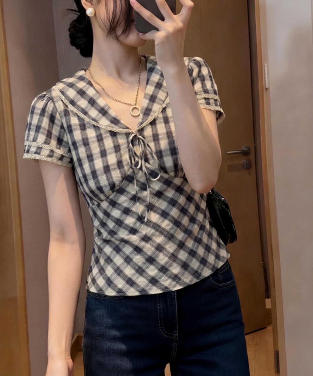 레트로 레이스 해군 칼라 체크무늬 셔츠 여성 짧은 연령 감소 프랑스식 작은 셔츠 연령 감소 문예 몸매 가꾸기 다용도 반팔 이미지 4