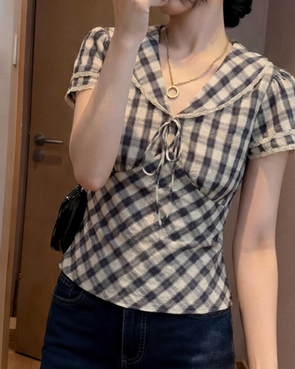 레트로 레이스 해군 칼라 체크무늬 셔츠 여성 짧은 연령 감소 프랑스식 작은 셔츠 연령 감소 문예 몸매 가꾸기 다용도 반팔 상세 이미지 3