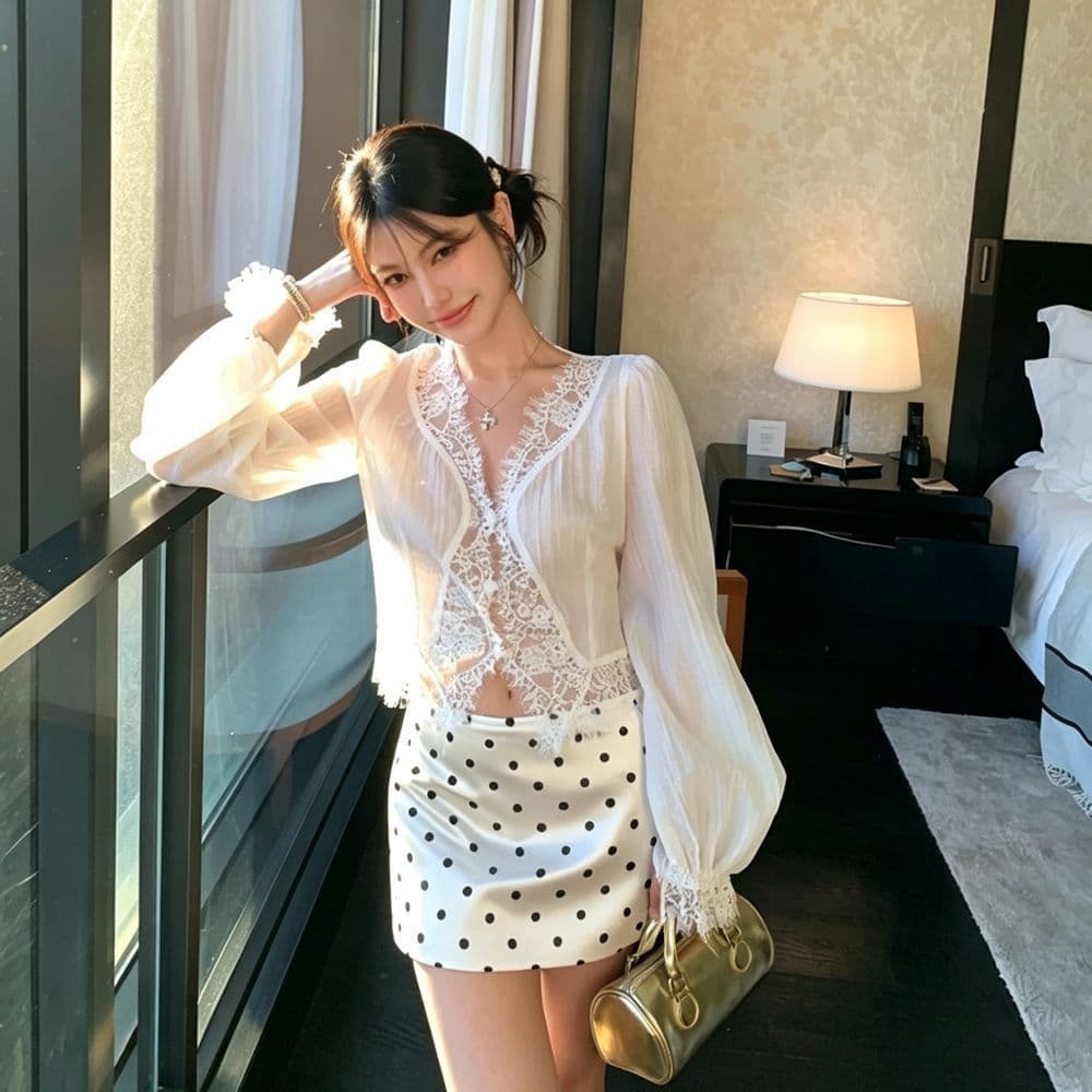 矜贵 작은 흰색 꽃 마이크로 ~을 통해 셔츠 순수한 욕망 바람 싸움 속눈썹 레이스 셔츠 슬림해 보이는 맨위 문예 다용도 셔츠 여성 이미지 5