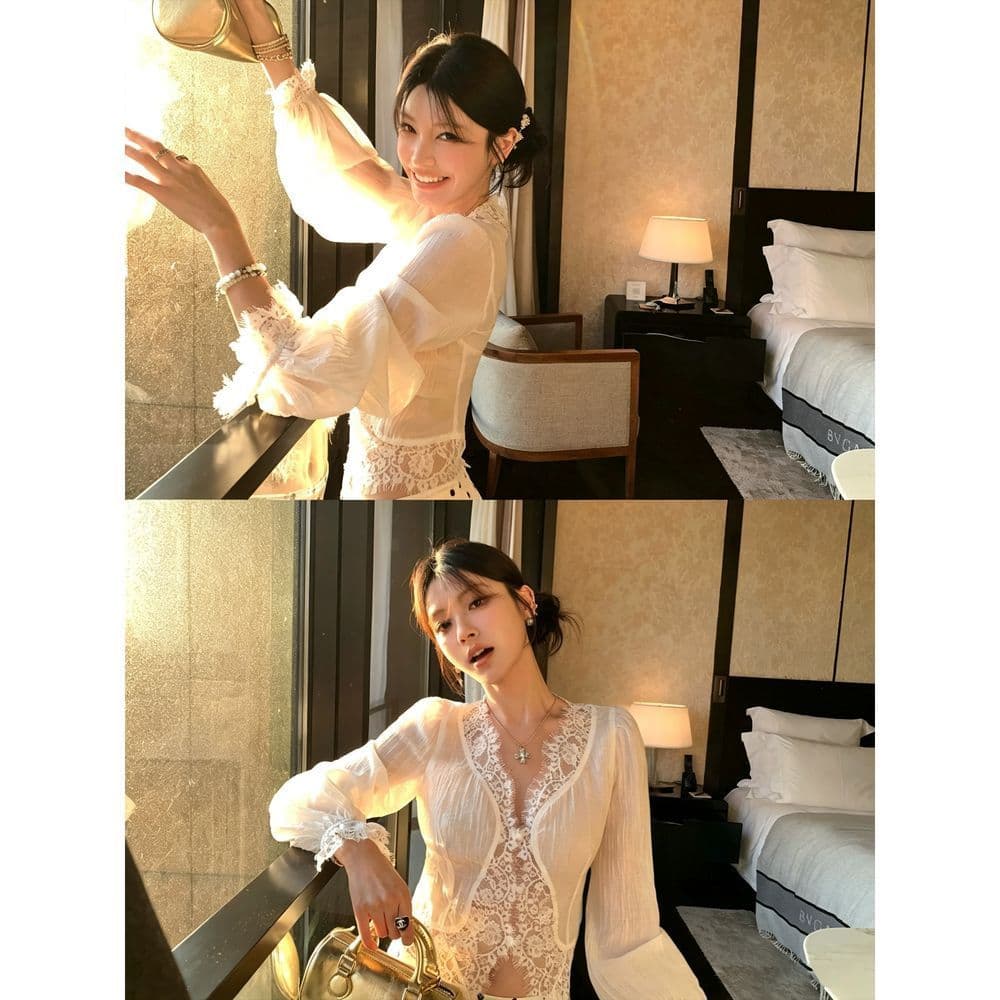 矜贵 작은 흰색 꽃 마이크로 ~을 통해 셔츠 순수한 욕망 바람 싸움 속눈썹 레이스 셔츠 슬림해 보이는 맨위 문예 다용도 셔츠 여성 상세 이미지 2