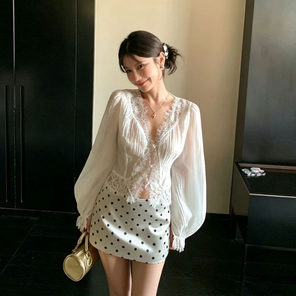 矜贵 작은 흰색 꽃 마이크로 ~을 통해 셔츠 순수한 욕망 바람 싸움 속눈썹 레이스 셔츠 슬림해 보이는 맨위 문예 다용도 셔츠 여성 상세 이미지 5