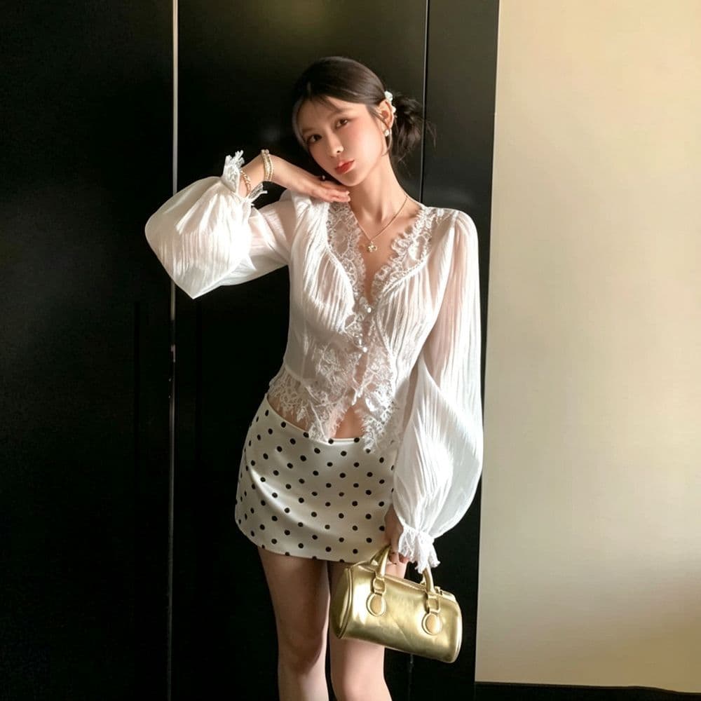 矜贵 작은 흰색 꽃 마이크로 ~을 통해 셔츠 순수한 욕망 바람 싸움 속눈썹 레이스 셔츠 슬림해 보이는 맨위 문예 다용도 셔츠 여성 상세 이미지 6