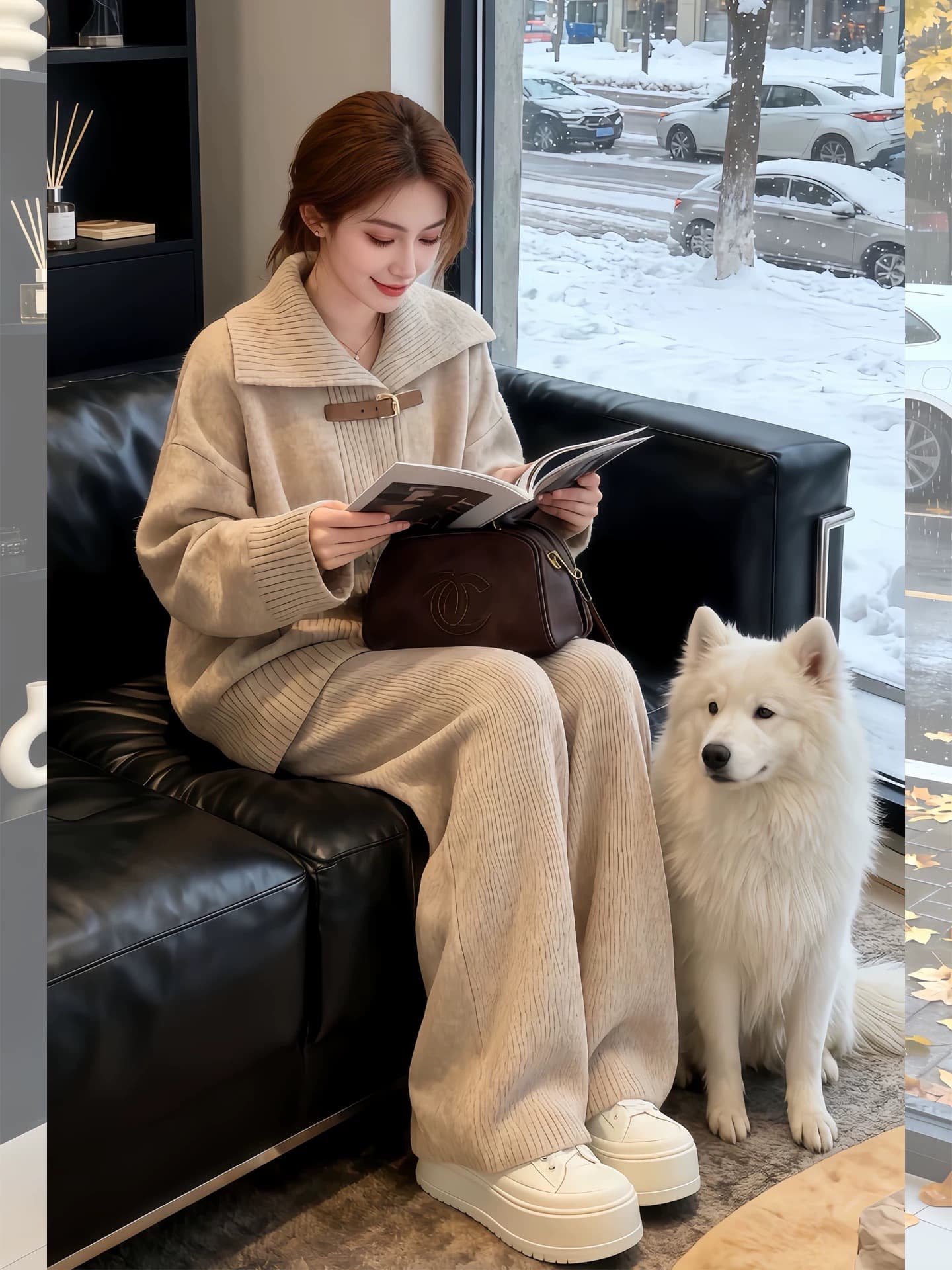 자이언트 잘 생긴 ~ 중 가을 겨울 의류 전체 집합 패션 연령 감소 캐주얼 운동 니트 스웨터 와이드 레그 팬츠 투피스 슈트 여성 이미지 4
