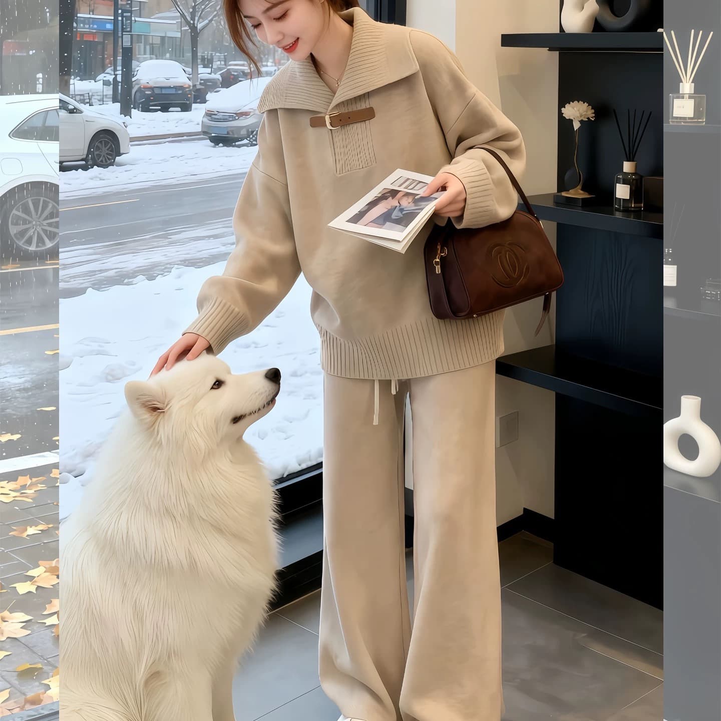 자이언트 잘 생긴 ~ 중 가을 겨울 의류 전체 집합 패션 연령 감소 캐주얼 운동 니트 스웨터 와이드 레그 팬츠 투피스 슈트 여성 이미지 5