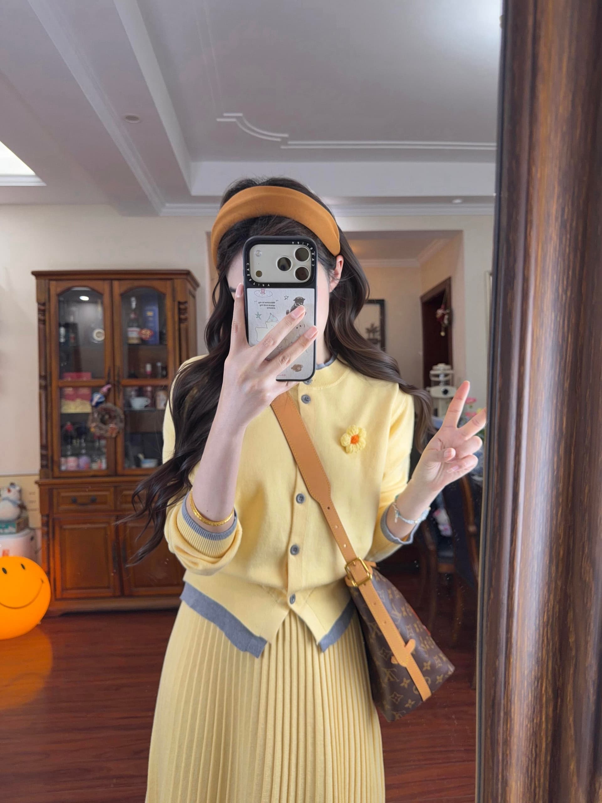 조기 봄 코디 황색 니트 오픈 가디건 착용 가져 가라. 전체 집합 ootd 빛 사람들 코치 반신 스커트 투피스 세트 여성 의류 이미지 4