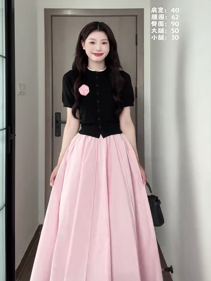 한 부서 분위기 센스 순수한 블랙 꽃 브로치 니트 오픈 가디건 얕은 분말 반신 스커트 슬림해 보이는 디자인 센스 작은 대중 투피스 세트 상세 이미지 2