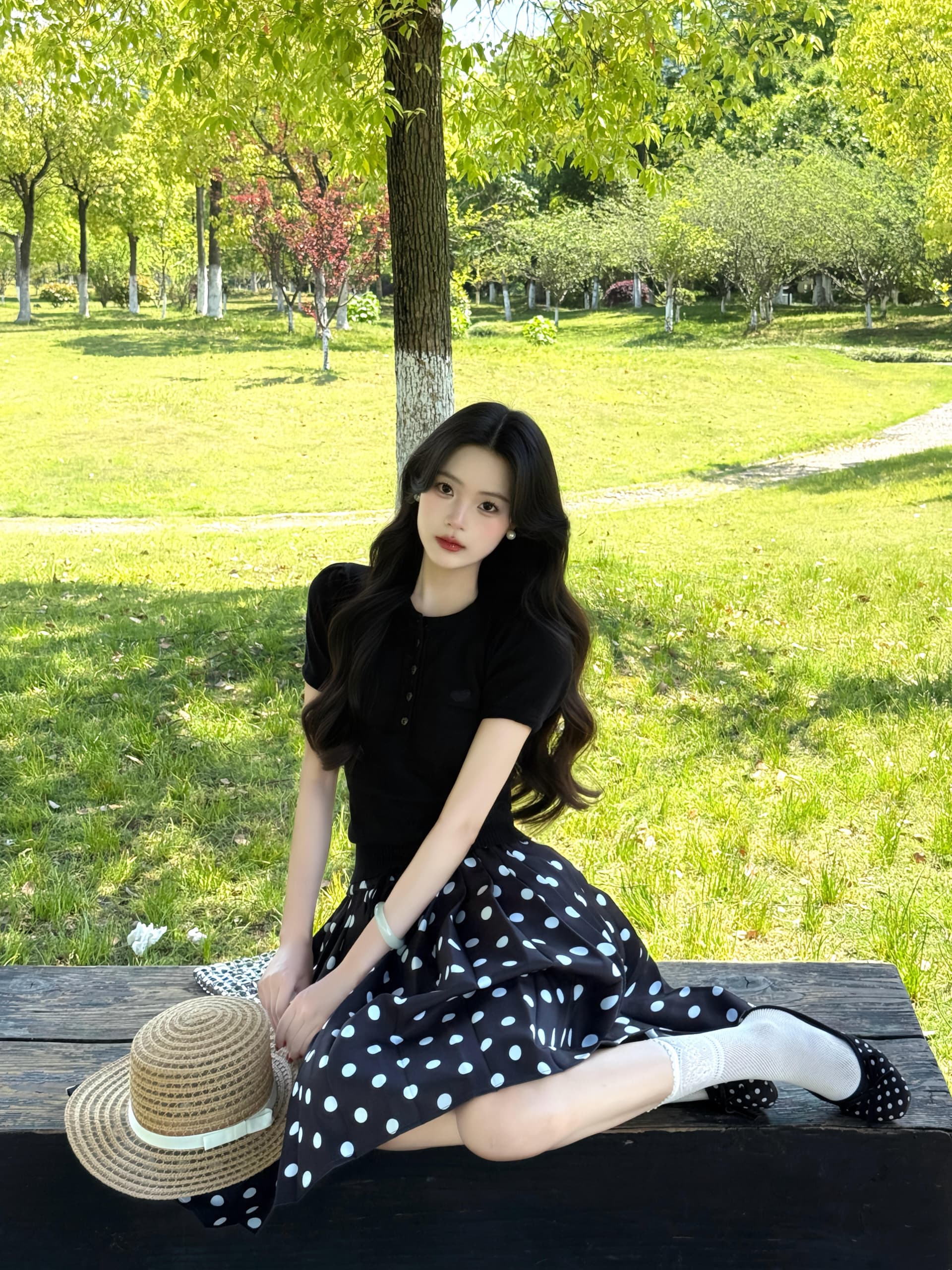 한 부서 그레이트 통해보기 가져 가라. 전체 집합 2026 새로운 검정색 반팔 티셔츠 여성 여름 도트 무늬 반신 치마 세트