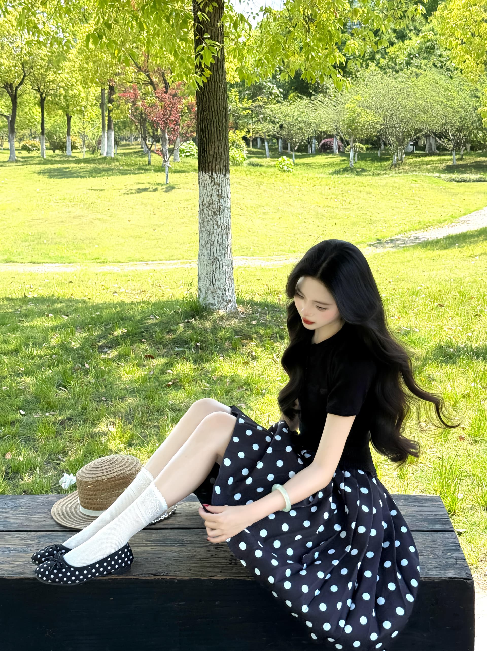 한 부서 그레이트 통해보기 가져 가라. 전체 집합 2026 새로운 검정색 반팔 티셔츠 여성 여름 도트 무늬 반신 치마 세트 상세 이미지 3
