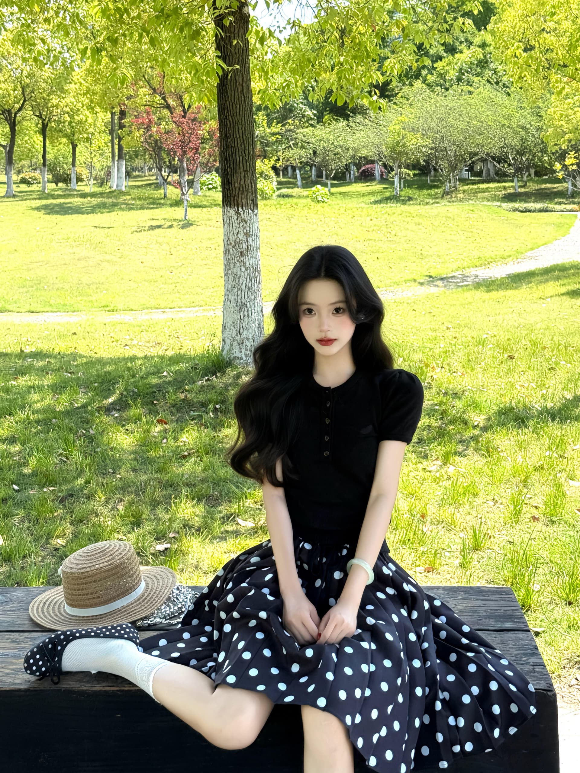 한 부서 그레이트 통해보기 가져 가라. 전체 집합 2026 새로운 검정색 반팔 티셔츠 여성 여름 도트 무늬 반신 치마 세트 상세 이미지 4