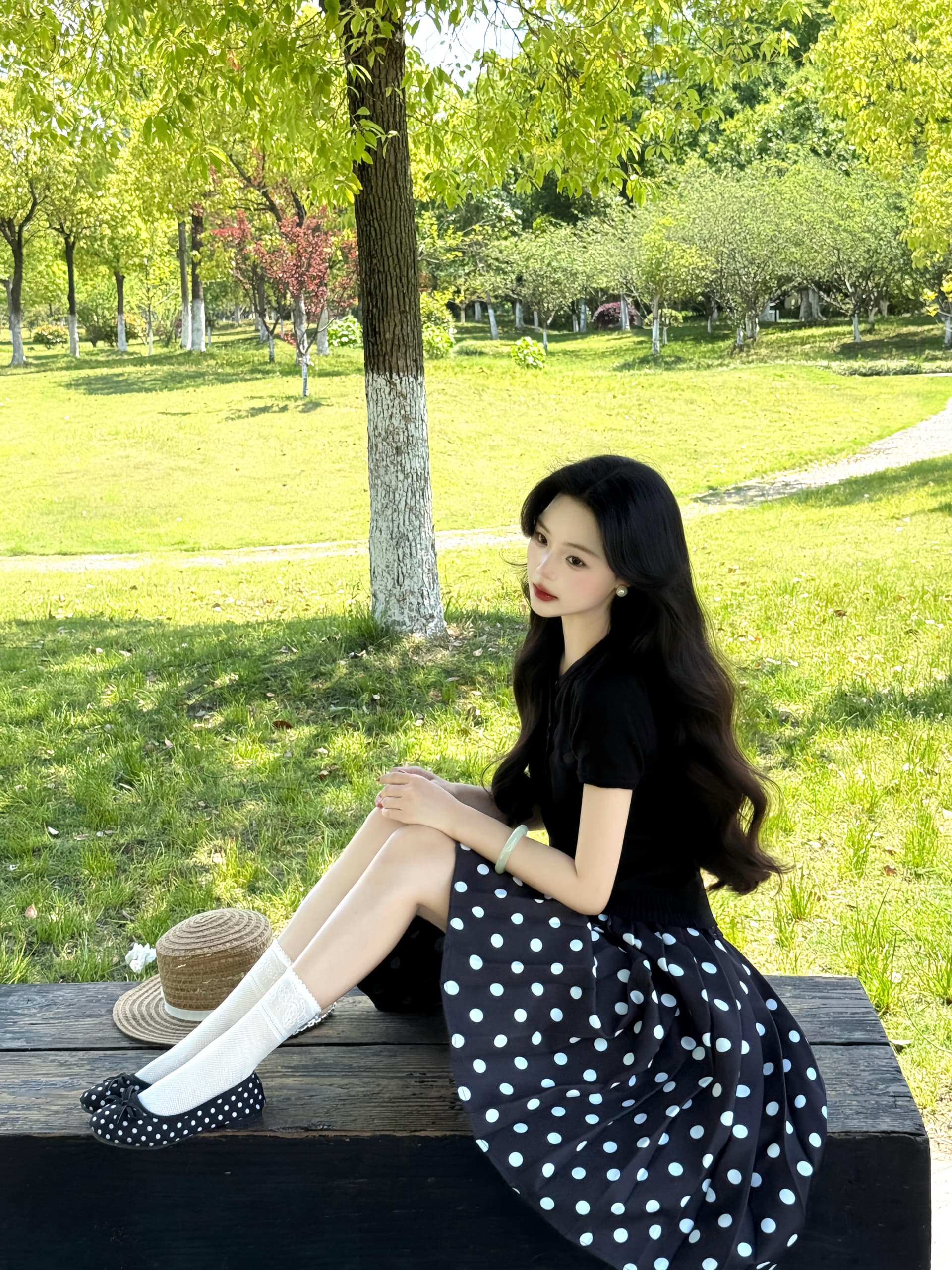 한 부서 그레이트 통해보기 가져 가라. 전체 집합 2026 새로운 검정색 반팔 티셔츠 여성 여름 도트 무늬 반신 치마 세트 상세 이미지 12