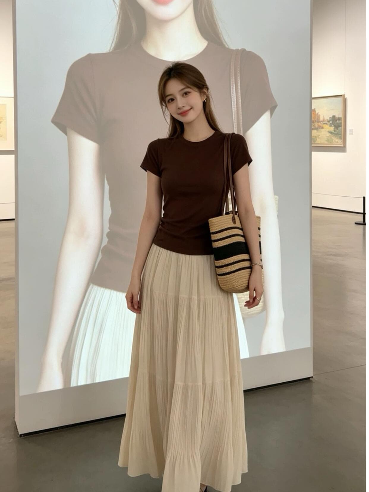 로얄 자매 빛 요리 한 바람 세트 여성 여름 새로운 커피 색상 반팔 니트 스웨터 플리츠 반신 롱 스커트 슬림해 보이는 투피스 세트 이미지 4