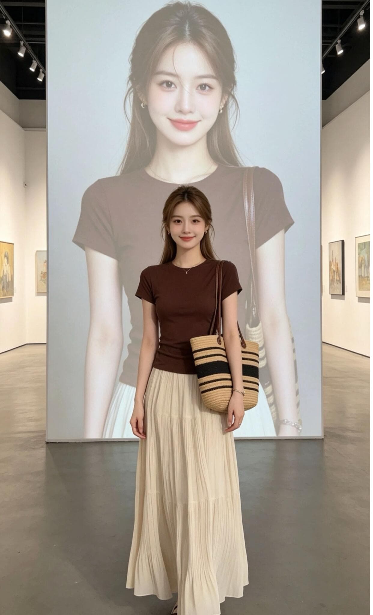 로얄 자매 빛 요리 한 바람 세트 여성 여름 새로운 커피 색상 반팔 니트 스웨터 플리츠 반신 롱 스커트 슬림해 보이는 투피스 세트 상세 이미지 1