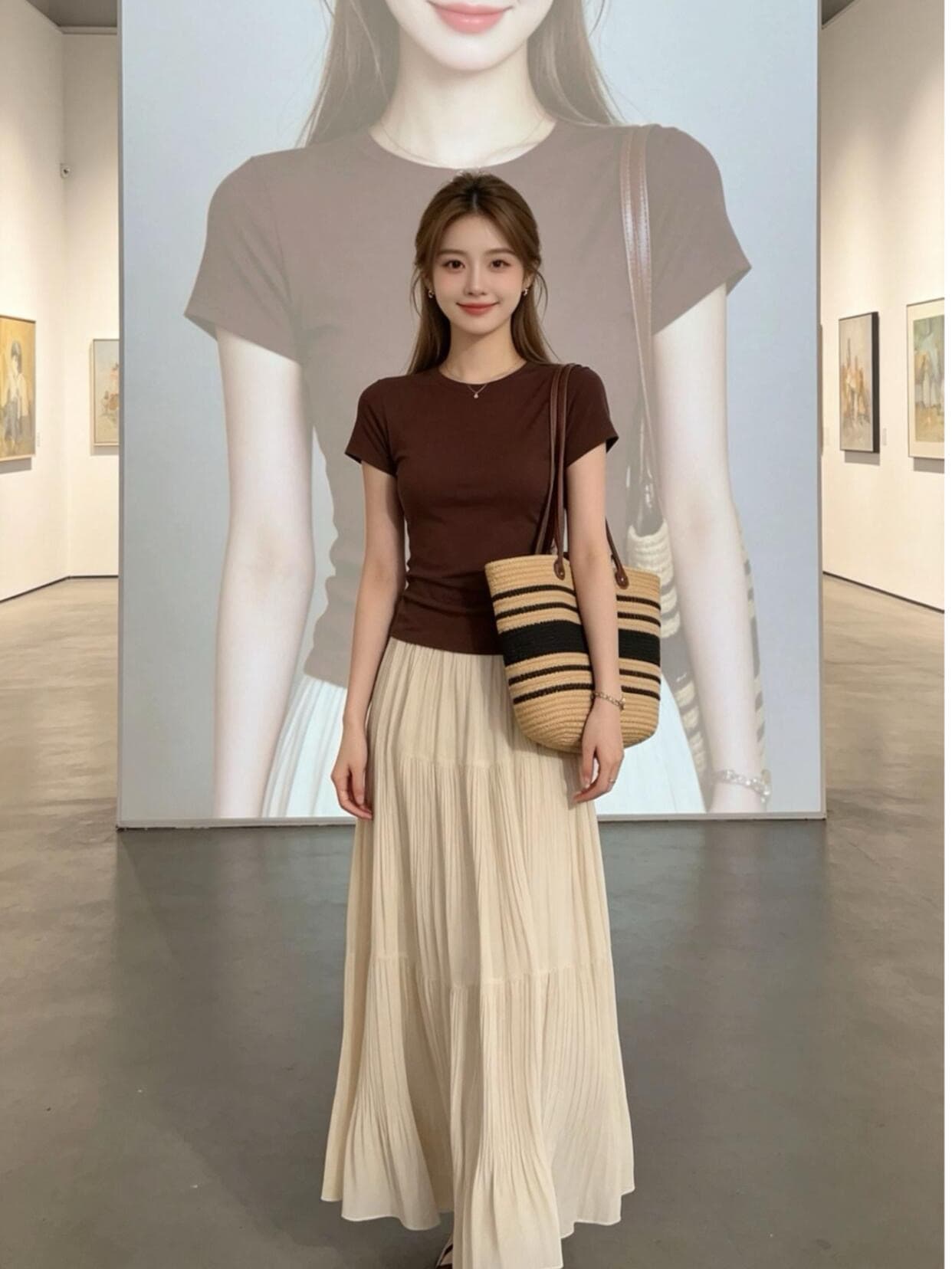 로얄 자매 빛 요리 한 바람 세트 여성 여름 새로운 커피 색상 반팔 니트 스웨터 플리츠 반신 롱 스커트 슬림해 보이는 투피스 세트 상세 이미지 5