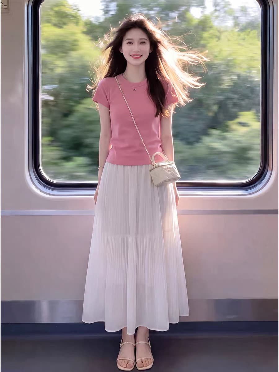 초여름 한 부서 ootd 착용 가져 가라. 전체 집합 슈퍼 화재 자이언트 잘 생긴 ~ 중 고급 센스 연령 감소 맨위 반신 치마 세트 여성