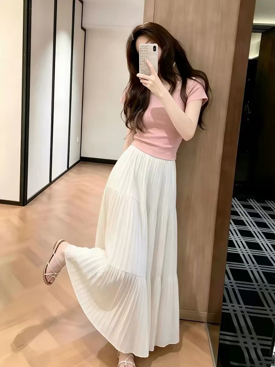 여름 ootd 착용 가져 가라. 전체 집합 2026 새로운 부드러운 한 부서 바람 핑크색 반팔 티셔츠 반신 치마 세트 이미지 2