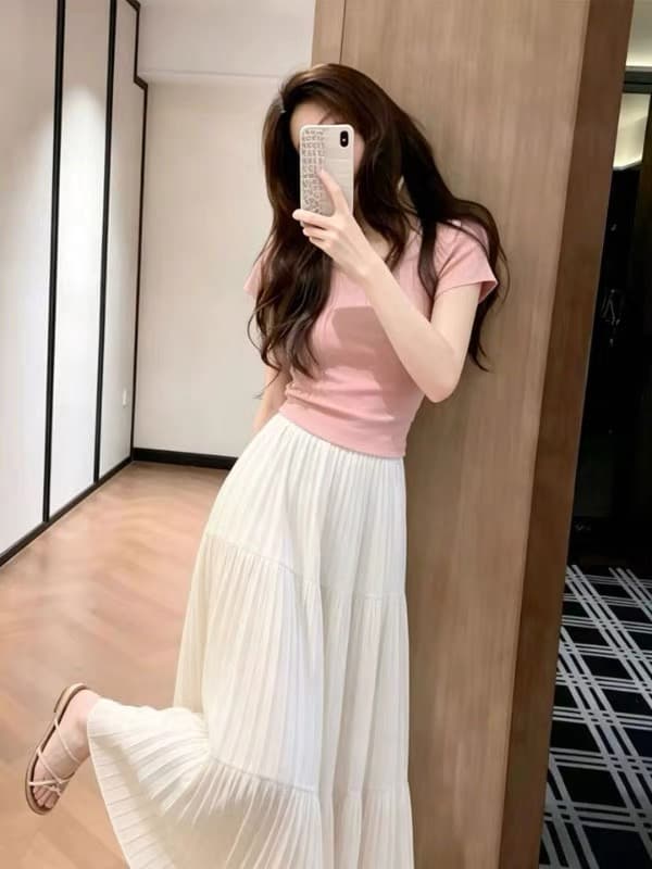 여름 ootd 착용 가져 가라. 전체 집합 2026 새로운 부드러운 한 부서 바람 핑크색 반팔 티셔츠 반신 치마 세트