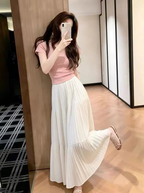 여름 ootd 착용 가져 가라. 전체 집합 2026 새로운 부드러운 한 부서 바람 핑크색 반팔 티셔츠 반신 치마 세트 이미지 4
