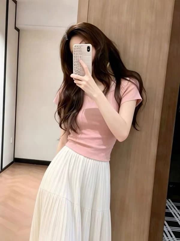 여름 ootd 착용 가져 가라. 전체 집합 2026 새로운 부드러운 한 부서 바람 핑크색 반팔 티셔츠 반신 치마 세트 상세 이미지 3