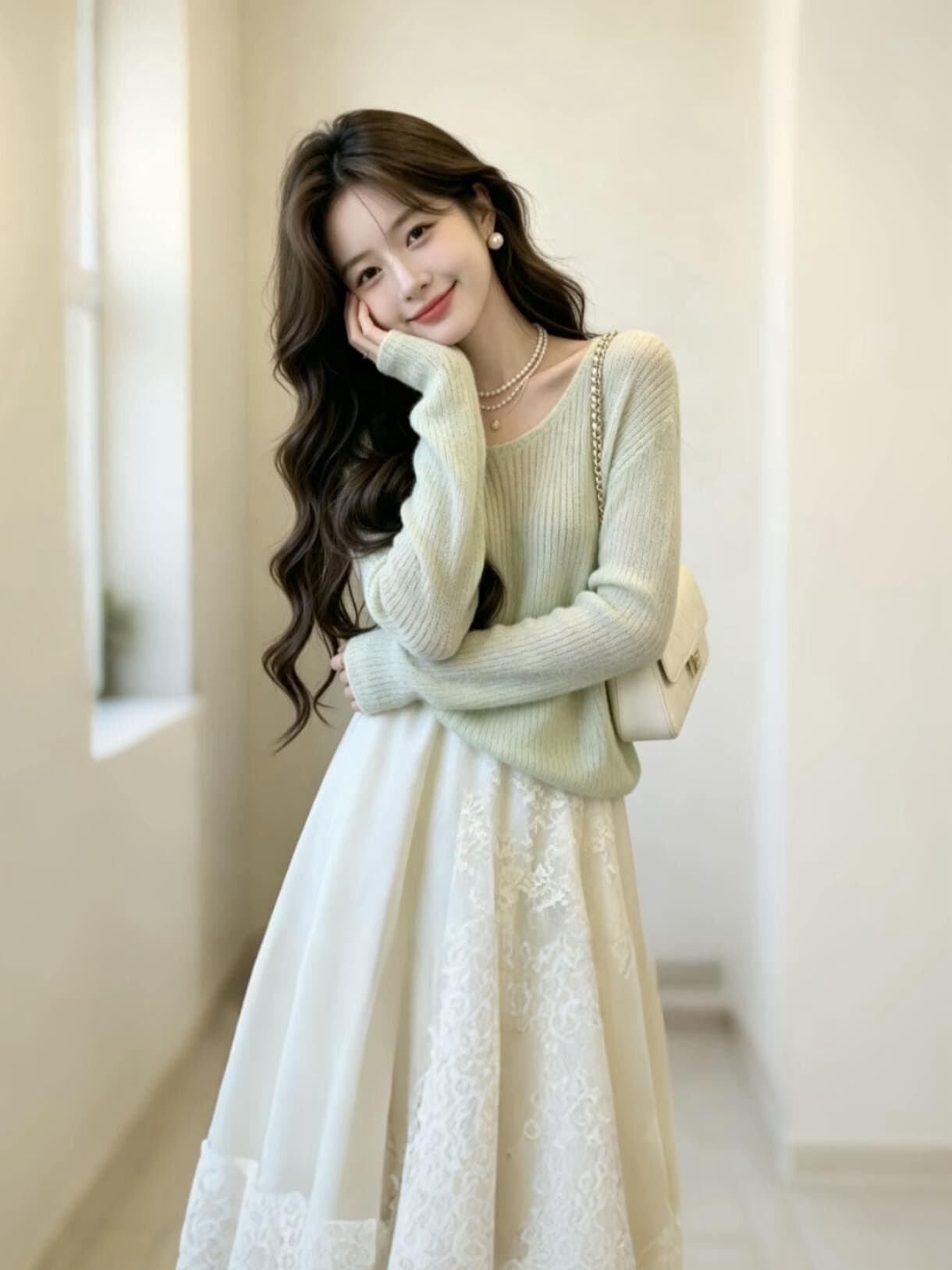 불규칙 레이스 조각 한 마디 반신 스커트 2026 가을 새로운 치마 홀로우 아웃 맨위 얇은 스타일 투피스 세트 이미지 3