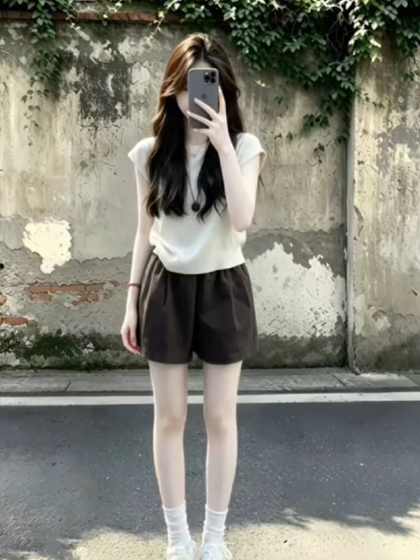 느슨함 센스 캐주얼 세트 여성 여름 외국 가스 단색 라운드 넥 작은 날다 소매 티셔츠 맨위 슬림해 보이는 하이웨이스트 반바지 트렌디 상세 이미지 1